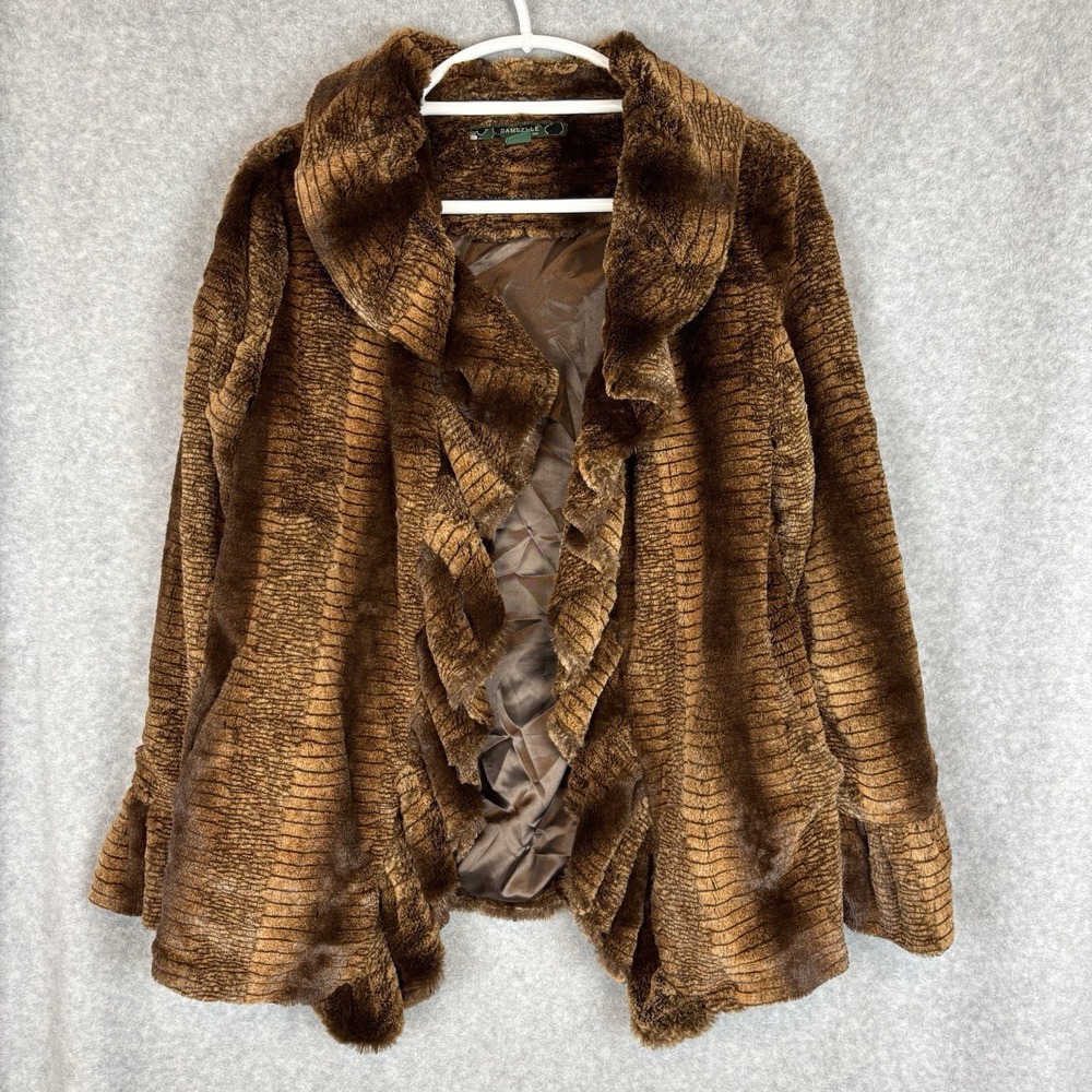Damselle New York Faux Fur Coat Sz Sm Brown Peplum Ruffle Collar And Cuffs Soft